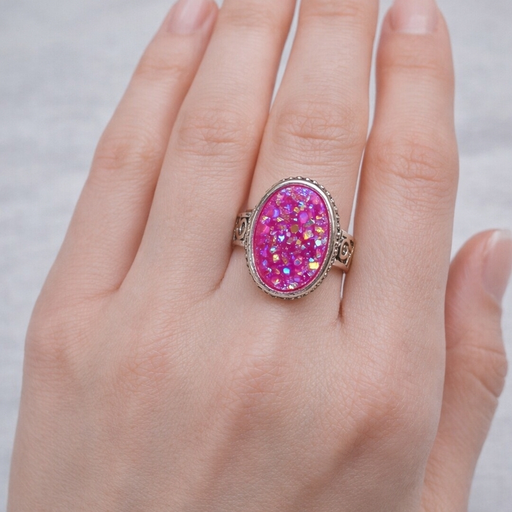 #569 NWOT Pink Druzy Statement Ring Oval Silver Tone Filigree Band Boho Sparkle